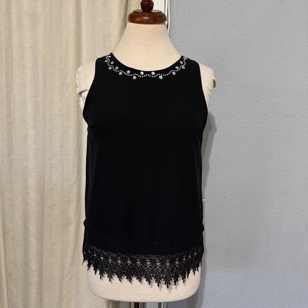 Say What Black Y2K Embellished‎ Neckline Lace Trim Sleeveless Tank Gothic Top S